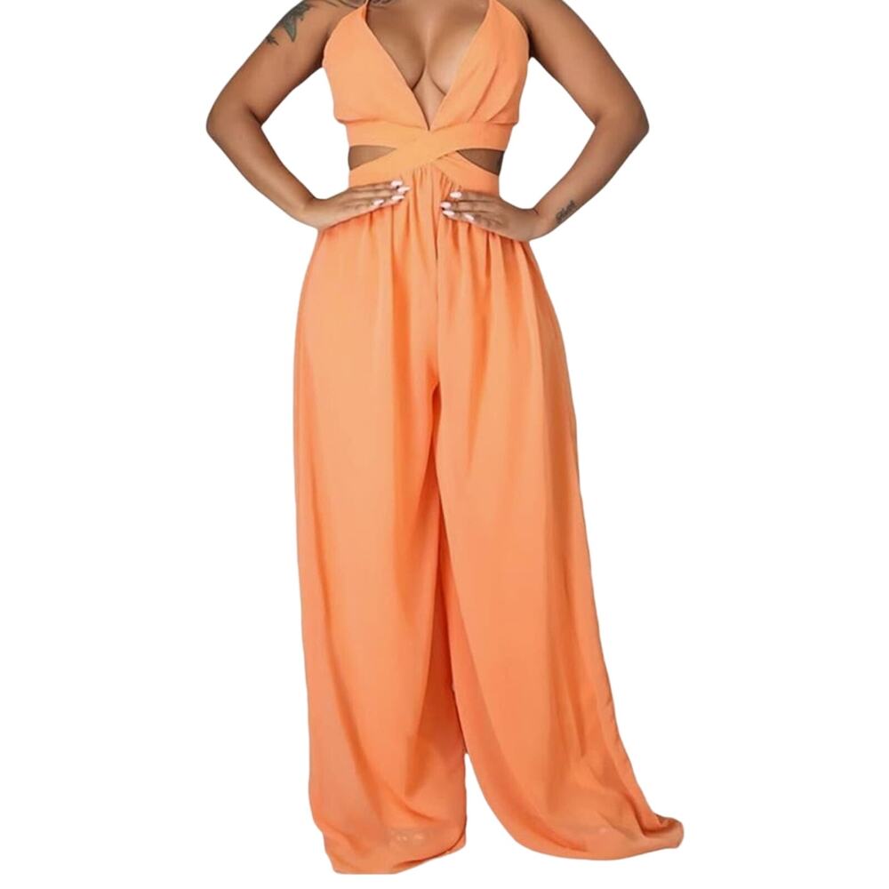 Hers & Mine Elegant Deep V Neck Halter Top Wide Leg Pantsuit Women Size L (NWT)